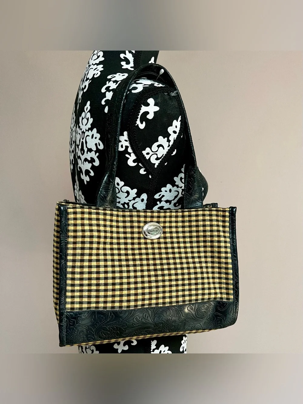 LONGABERGER Homestead Black & Tan Gingham Tote Bag with Embossed Leather Trim